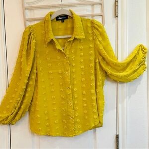 Alice Blue Yellow Textured Puff Sleeve Button-Down Shirt